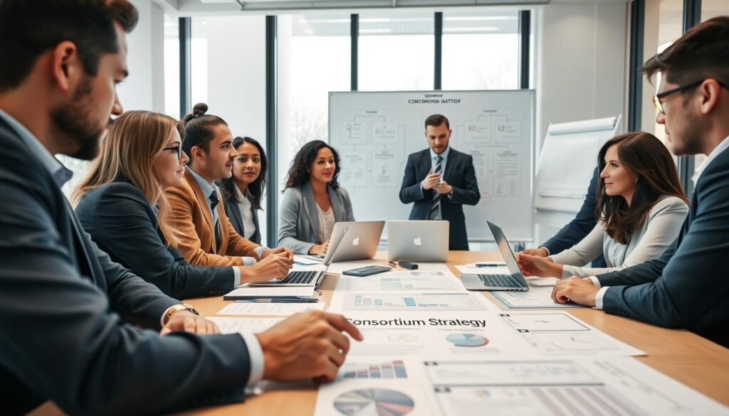 A group of diverse professionals in business attire, including men and women of various ethnicities, collaborating around a large table covered with documents, laptops, and charts, symbolizing teamwork and strategy in forming a consortium. The foreground features a focused discussion, with a pair of hands pointing at a document titled "Consortium Strategy." In the middle ground, a whiteboard displays flowcharts and key points about the consortium formation. The background shows a modern office with large windows letting in natural light, creating a warm and inviting atmosphere. Use soft, diffuse lighting to emphasize the collaborative mood. The camera angle is slightly elevated, capturing the energy and urgency of a business meeting. A group of diverse professionals in business attire, including men and women of various ethnicities, collaborating around a large table covered with documents, laptops, and charts, symbolizing teamwork and strategy in forming a consortium. The foreground features a focused discussion, with a pair of hands pointing at a document titled "Consortium Strategy." In the middle ground, a whiteboard displays flowcharts and key points about the consortium formation. The background shows a modern office with large windows letting in natural light, creating a warm and inviting atmosphere. Use soft, diffuse lighting to emphasize the collaborative mood. The camera angle is slightly elevated, capturing the energy and urgency of a business meeting.