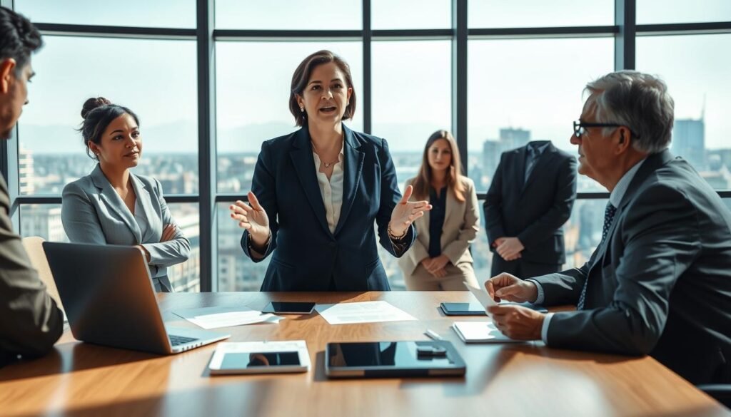 A group of diverse public officials engaged in a formal meeting within a modern government building. In the foreground, a middle-aged woman in a tailored navy suit is speaking passionately, her hands gesturing emphatically. Around her, three colleagues in professional attire listen attentively, including a young man in light gray and a senior figure with glasses in a dark suit. The middle ground features a large conference table with papers, digital tablets, and a laptop open, signifying ongoing discussions. In the background, large windows reveal a cityscape under the bright daylight, casting soft shadows across the room. The atmosphere is serious yet collaborative, emphasizing the responsibilities and duties of public entities in contractual processes. Use bright artificial lighting to convey a professional mood, captured from a slightly elevated angle to showcase both the officials and the workspace.