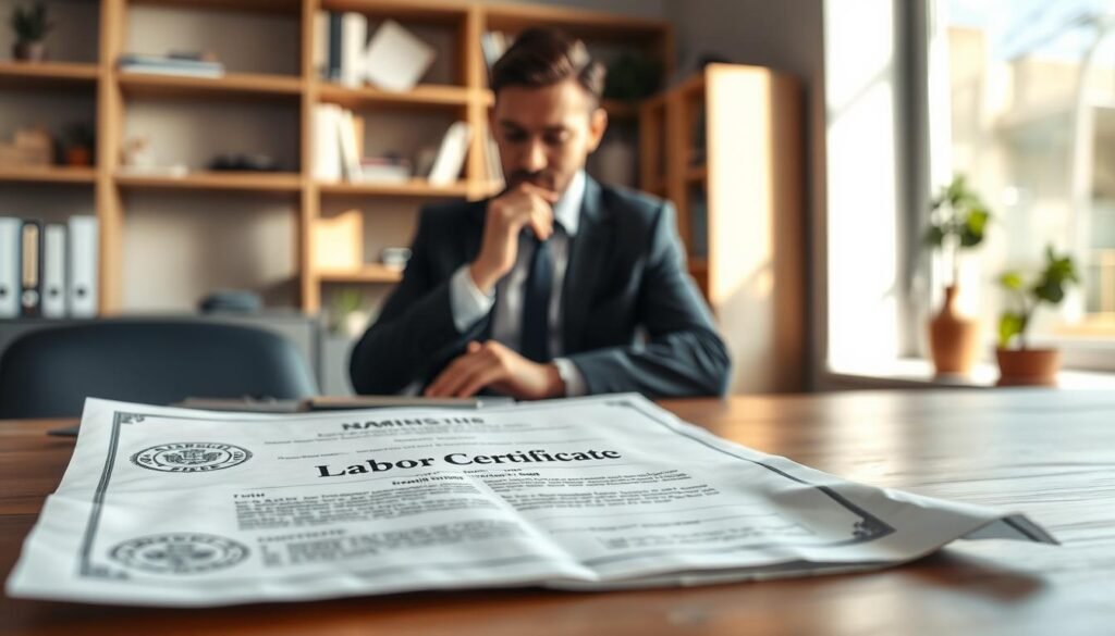 A labor certificate document on a wooden desk in a modern office setting. The foreground features the document with official seals and elegant typography, slightly crumpled, conveying a sense of importance. In the middle, a professional-looking individual, dressed in business attire, is thoughtfully reviewing the document, illuminated by soft natural light coming from a nearby window. The background reveals shelves filled with books and a potted plant, adding a touch of vibrancy to the scene. The atmosphere is calm and focused, suggesting a serious approach to obtaining employment certification amidst workplace changes. The composition should feel organized and inviting, emphasizing clarity and professionalism. A labor certificate document on a wooden desk in a modern office setting. The foreground features the document with official seals and elegant typography, slightly crumpled, conveying a sense of importance. In the middle, a professional-looking individual, dressed in business attire, is thoughtfully reviewing the document, illuminated by soft natural light coming from a nearby window. The background reveals shelves filled with books and a potted plant, adding a touch of vibrancy to the scene. The atmosphere is calm and focused, suggesting a serious approach to obtaining employment certification amidst workplace changes. The composition should feel organized and inviting, emphasizing clarity and professionalism.
