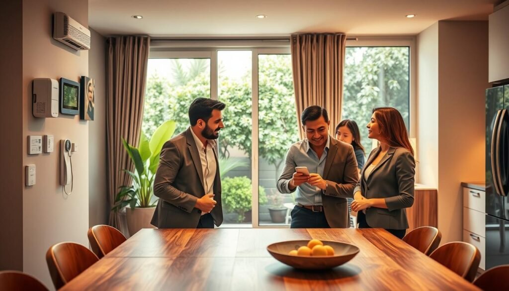 A modern Colombian household interior embodying safety and well-being. In the foreground, a professional-looking family is gathered around a sturdy dining table with energy-efficient appliances visible in the background. Warm, soft lighting illuminates the room, creating a welcoming atmosphere. A wall-mounted security system and smoke alarm reflect a focus on safety. The family members, dressed in business casual attire, exhibit a sense of trust and comfort, engaged in a lively discussion about energy efficiency. Through a large window, a lush green garden is visible, symbolizing sustainability. The image should utilize a wide-angle lens for a spacious feel, capturing the essence of security and wellness within the home. A modern Colombian household interior embodying safety and well-being. In the foreground, a professional-looking family is gathered around a sturdy dining table with energy-efficient appliances visible in the background. Warm, soft lighting illuminates the room, creating a welcoming atmosphere. A wall-mounted security system and smoke alarm reflect a focus on safety. The family members, dressed in business casual attire, exhibit a sense of trust and comfort, engaged in a lively discussion about energy efficiency. Through a large window, a lush green garden is visible, symbolizing sustainability. The image should utilize a wide-angle lens for a spacious feel, capturing the essence of security and wellness within the home.