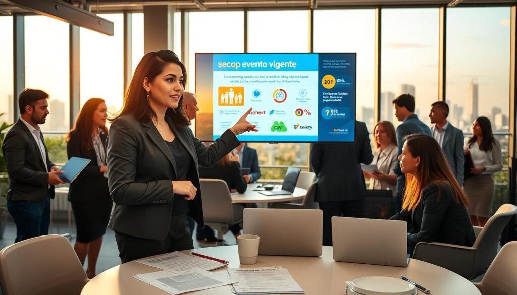 A modern Colombian office space bustling with activity, showcasing a diverse group of professionals in business attire engaged in discussions and using laptops. In the foreground, a woman of Colombian descent points at an interactive display screen highlighting a "secop evento vigente" with vibrant colors and relevant graphics. The middle ground features a round table with documents and digital devices, while colleagues discuss over coffee, fostering a collaborative atmosphere. The background displays large windows with a view of Bogotá’s skyline, illuminated by golden sunlight, creating a warm and inviting mood. The image captures a sense of urgency and professionalism, emphasizing the importance of staying informed about current events in Colombia.