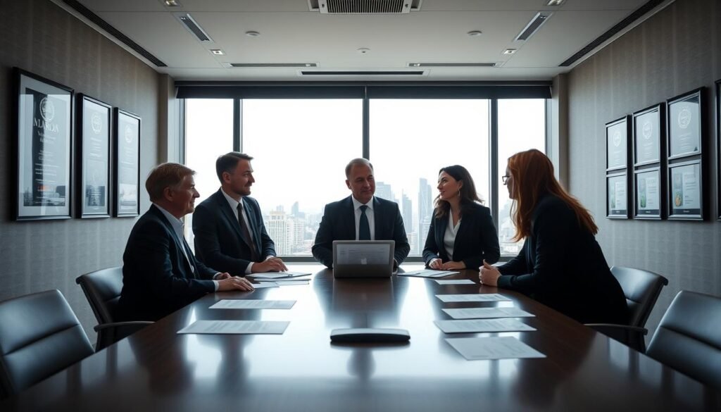 A modern and professional setting showcasing the "Comisión Nacional del Servicio Civil" in Colombia. In the foreground, a diverse group of four professionals in business attire—two men and two women—are engaged in a discussion around a conference table filled with documents and a laptop. In the middle ground, a large window offers a view of the Bogotá skyline, with soft, diffused daylight illuminating the room. The background features framed pictures of past commissions and awards related to civil service achievements, adding a sense of history and prestige. The mood is collaborative and serious, emphasizing the importance of merit in public service. Use a wide-angle perspective to capture the entire scene, enhancing the depth and inclusivity of the commission's mission. A modern and professional setting showcasing the "Comisión Nacional del Servicio Civil" in Colombia. In the foreground, a diverse group of four professionals in business attire—two men and two women—are engaged in a discussion around a conference table filled with documents and a laptop. In the middle ground, a large window offers a view of the Bogotá skyline, with soft, diffused daylight illuminating the room. The background features framed pictures of past commissions and awards related to civil service achievements, adding a sense of history and prestige. The mood is collaborative and serious, emphasizing the importance of merit in public service. Use a wide-angle perspective to capture the entire scene, enhancing the depth and inclusivity of the commission's mission.