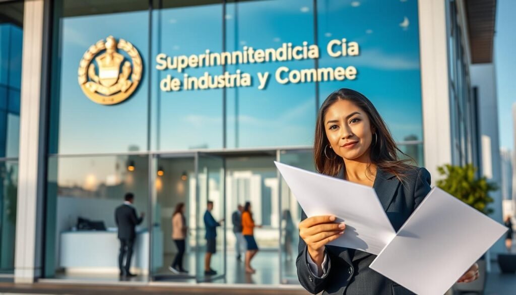 A modern and sleek office building representing the Superintendencia de Industria y Comercio, prominently displaying its emblem on a glass facade. In the foreground, a professional woman in business attire confidently holds a legal document, with a knowledgeable expression, symbolizing empowerment in understanding rights. In the middle ground, a well-organized reception area is visible, with a diverse group of professionals discussing, conveying collaboration and guidance. The background features a bright and inviting cityscape with blue skies, reflecting a sense of community and transparency. The lighting is natural and warm, creating a welcoming atmosphere, with a focus on clarity and professionalism, shot from a slightly low angle to emphasize the importance of the institution. A modern and sleek office building representing the Superintendencia de Industria y Comercio, prominently displaying its emblem on a glass facade. In the foreground, a professional woman in business attire confidently holds a legal document, with a knowledgeable expression, symbolizing empowerment in understanding rights. In the middle ground, a well-organized reception area is visible, with a diverse group of professionals discussing, conveying collaboration and guidance. The background features a bright and inviting cityscape with blue skies, reflecting a sense of community and transparency. The lighting is natural and warm, creating a welcoming atmosphere, with a focus on clarity and professionalism, shot from a slightly low angle to emphasize the importance of the institution.