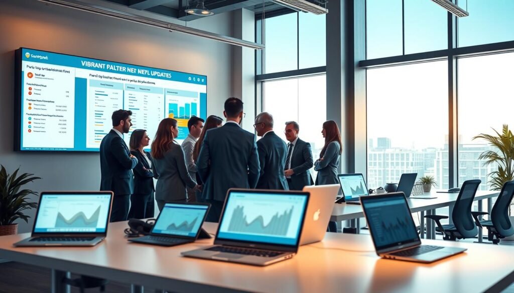 A modern and sleek office environment showcasing a digital platform interface on large screens, focused on a vibrant update regarding public procurement systems. In the foreground, a diverse group of professionals dressed in business attire intently discussing the new platform; they appear engaged and collaborative. The middle ground features modern desks with laptops and digital devices displaying charts and analytics related to the "nueva plataforma." In the background, floor-to-ceiling windows let in bright natural light, illuminating the space and creating an atmosphere of innovation and progress. The lighting is warm and inviting, enhancing the optimistic mood of the setting. The composition captures a sense of forward-thinking and digital transformation in public procurement. A modern and sleek office environment showcasing a digital platform interface on large screens, focused on a vibrant update regarding public procurement systems. In the foreground, a diverse group of professionals dressed in business attire intently discussing the new platform; they appear engaged and collaborative. The middle ground features modern desks with laptops and digital devices displaying charts and analytics related to the "nueva plataforma." In the background, floor-to-ceiling windows let in bright natural light, illuminating the space and creating an atmosphere of innovation and progress. The lighting is warm and inviting, enhancing the optimistic mood of the setting. The composition captures a sense of forward-thinking and digital transformation in public procurement.
