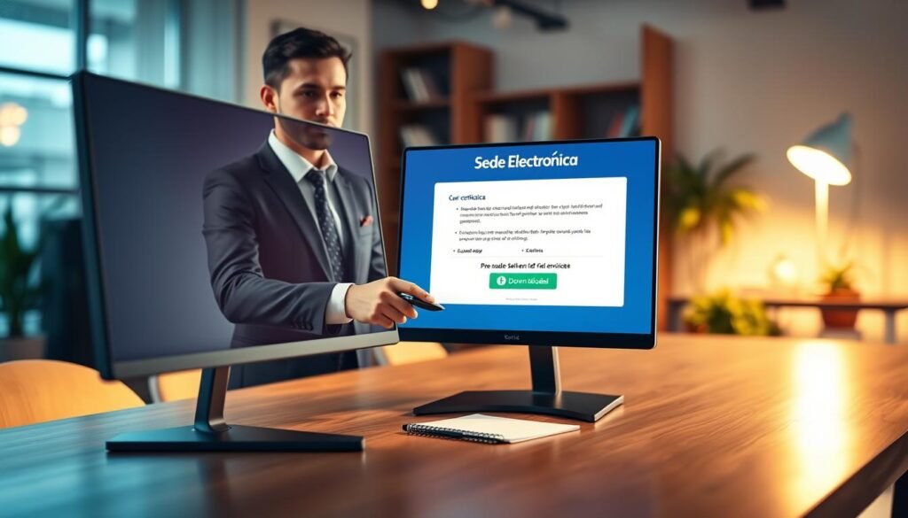 A modern and user-friendly digital interface representing the "Sede Electrónica" for downloading the SEPE certificate. In the foreground, there’s a sleek computer monitor displaying a vibrant webpage with various sections related to online services, prominently featuring a download button. A confident professional, dressed in smart business attire, attentively navigates the site using a mouse, highlighting user engagement. The middle layer includes a wooden desk with office essentials like a notepad and a pen, emphasizing a productive work environment. In the background, a softly lit modern office setting with blurred details of bookshelves and indoor plants creates a welcoming atmosphere. Warm lighting adds to a sense of ease and efficiency, inviting users to explore digital services. A modern and user-friendly digital interface representing the "Sede Electrónica" for downloading the SEPE certificate. In the foreground, there’s a sleek computer monitor displaying a vibrant webpage with various sections related to online services, prominently featuring a download button. A confident professional, dressed in smart business attire, attentively navigates the site using a mouse, highlighting user engagement. The middle layer includes a wooden desk with office essentials like a notepad and a pen, emphasizing a productive work environment. In the background, a softly lit modern office setting with blurred details of bookshelves and indoor plants creates a welcoming atmosphere. Warm lighting adds to a sense of ease and efficiency, inviting users to explore digital services.