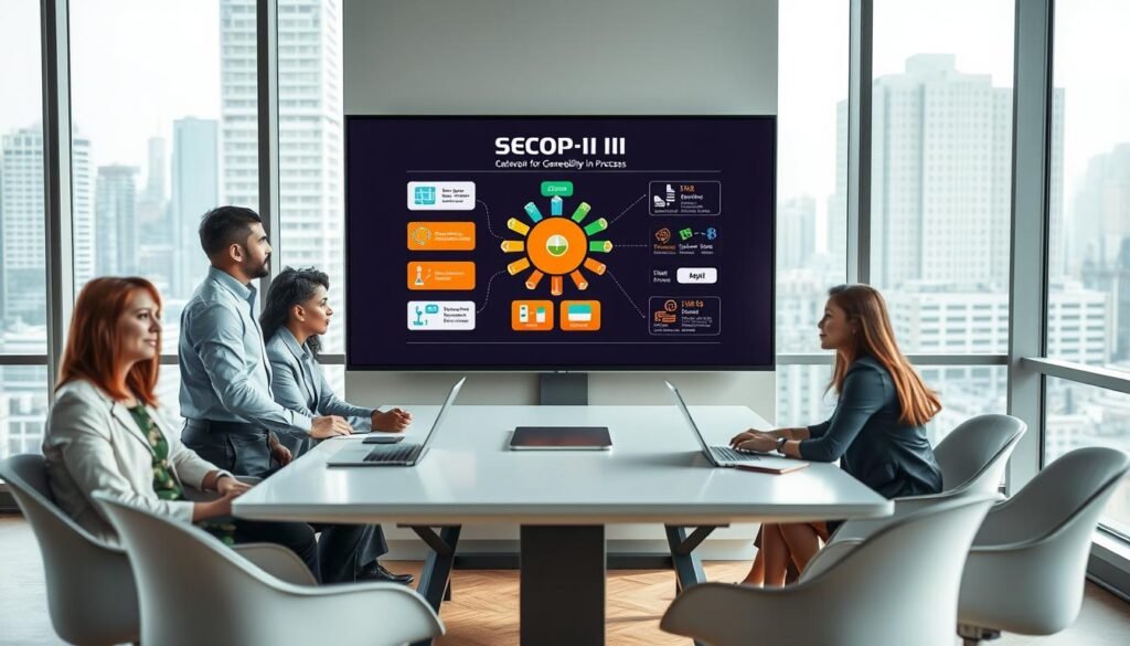 A modern and vibrant office environment showcasing a digital platform for traceability in processes. In the foreground, a diverse group of professionals, dressed in business attire, are engaged in a collaborative discussion around a sleek table with laptops and digital devices. In the middle, a large screen displays dynamic graphics and flowcharts illustrating the SECOP II system in action, with bright colors and clear visuals representing various sectors. The background features large windows revealing a bustling cityscape, symbolizing the connection between government entities and urban development. Soft, natural lighting floods the space, creating an atmosphere of innovation and strategic planning, while the angle captures both the discussion and the screen prominently.
