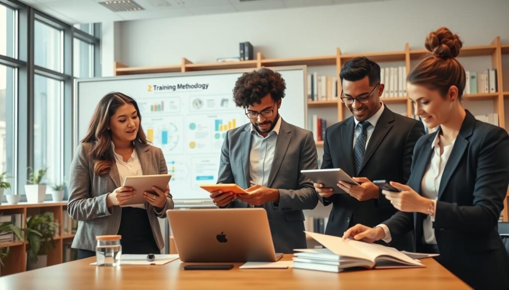 A modern classroom setting focusing on a training methodology platform. In the foreground, a diverse group of three individuals engaging with digital learning tools, including tablets and laptops, dressed in professional business attire. In the middle, a large interactive whiteboard displaying colorful diagrams and processes related to training and education. The background features shelves filled with books and resources, with soft natural light coming through large windows, creating a warm and inviting atmosphere. The scene conveys a sense of collaboration, knowledge-sharing, and an innovative approach to learning. The overall mood is inspiring and motivating, showcasing the journey of professional development.