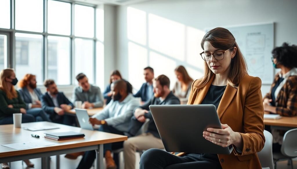 A modern classroom setting focusing on adult education and continuous learning, with diverse students engaged in various activities. In the foreground, a middle-aged woman in professional attire is taking notes on a laptop, displaying concentration and engagement. The middle ground features a diverse group of individuals—men and women of different ages and ethnicities—collaborating in small groups, sharing ideas. In the background, a whiteboard filled with diagrams and notes emphasizes the concept of public bidding courses. Soft, natural lighting streams through large windows, creating a warm and inviting atmosphere that encourages learning. The angle is slightly tilted to capture the interaction and dynamic of the classroom, suggesting a supportive and enriching environment for professional development.