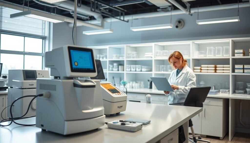 A modern clinical laboratory interior showcasing advanced medical equipment used in public procurement processes. In the foreground, a well-organized workstation with various diagnostic machines, such as a blood analyzer and centrifuge, gleaming under bright, sterile lighting. The middle ground features a technician in professional attire, engaging with a laptop, analyzing data related to laboratory services. The background reveals shelves filled with lab supplies and transparent containers, providing an impression of a busy, efficient clinical environment. The scene is well-lit, using natural and artificial lighting to create a clean and professional atmosphere. The angle is slightly elevated, capturing the entire workspace, emphasizing the integration of technology and healthcare. A modern clinical laboratory interior showcasing advanced medical equipment used in public procurement processes. In the foreground, a well-organized workstation with various diagnostic machines, such as a blood analyzer and centrifuge, gleaming under bright, sterile lighting. The middle ground features a technician in professional attire, engaging with a laptop, analyzing data related to laboratory services. The background reveals shelves filled with lab supplies and transparent containers, providing an impression of a busy, efficient clinical environment. The scene is well-lit, using natural and artificial lighting to create a clean and professional atmosphere. The angle is slightly elevated, capturing the entire workspace, emphasizing the integration of technology and healthcare.