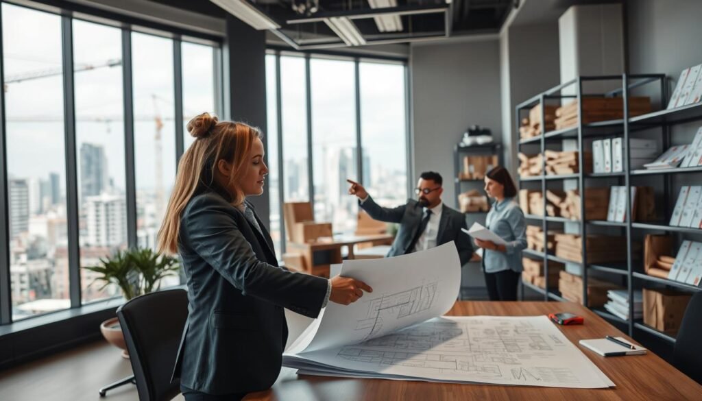 A modern construction office environment depicting a diverse group of professionals engaged in a planning session. In the foreground, a well-dressed female architect analyzing blueprints on a large table, while a male civil engineer in business attire points at a digital screen displaying infrastructure plans. In the middle ground, shelves filled with construction materials and legal documents related to Colombian construction regulations. The background features a large window with a view of a bustling cityscape, showcasing cranes and construction sites under a bright, professional lighting setup. The mood is focused and collaborative, emphasizing expertise and teamwork in the construction industry, captured with a slight depth of field, using a warm color palette to convey optimism and professionalism.