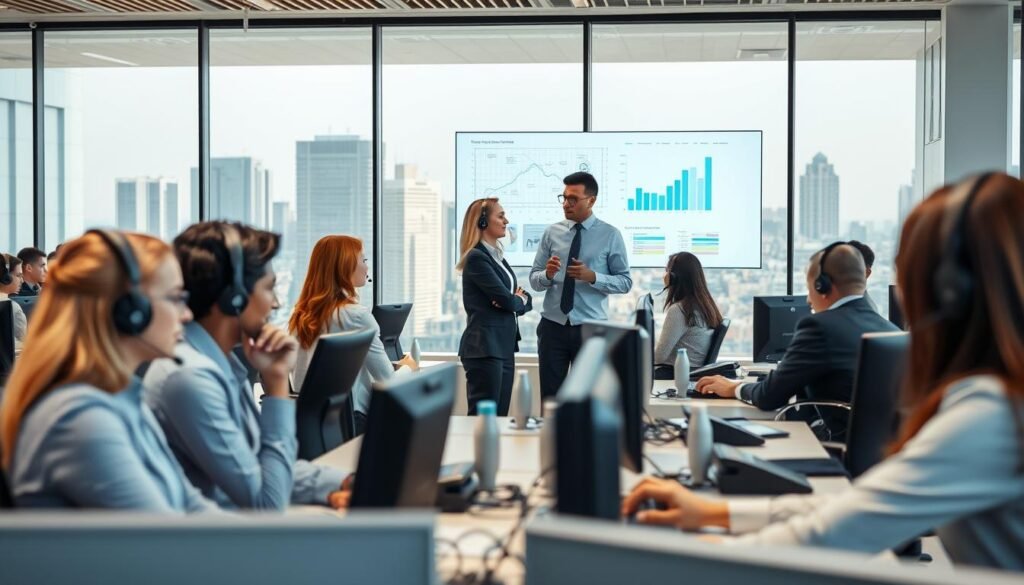 A modern contact center environment, featuring a diverse group of professionals in business attire engaged in communication. In the foreground, a pleasantly lit workspace with multiple desks equipped with headsets, computers, and telephone systems. In the middle, a collaborative atmosphere with two professionals discussing blueprints and charts on a large screen, emphasizing teamwork and strategic planning. The background showcases a glass wall that provides a view of a busy city, symbolizing connectivity and outreach. Soft, natural lighting filters through, creating a productive and inviting ambiance. The scene conveys professionalism, focus, and collaboration.