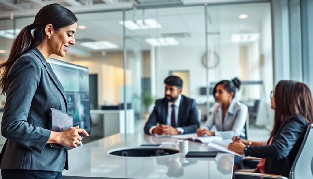 A modern contact center office environment, showcasing a group of diverse professionals in business attire engaged in a collaborative meeting. In the foreground, a skilled analyst, a middle-aged Hispanic woman, is reviewing a massive digital screen filled with graphs and statistics. The middle area features a sleek conference table surrounded by attentive colleagues, including a young Black man and a South Asian woman, taking notes and providing feedback. The background reveals glass walls with soft ambient lighting and contemporary decor, creating a professional yet inviting atmosphere. The image captures a sense of teamwork, focus, and strategic planning under natural light streaming through large windows, enhancing the overall mood of productivity and determination.