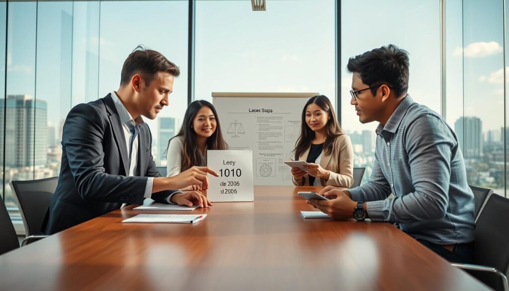 A modern corporate office environment as the foreground, featuring a diverse group of four professionals engaged in a discussion around a large conference table. Two of them, a Caucasian woman and a Black man, are pointing at a document titled "Ley 1010 de 2006," while a Hispanic woman and an Asian man listen intently, taking notes. The middle section showcases a whiteboard with key points and diagrams related to the law. In the background, large windows allow natural light to flood in, giving a bright and inviting atmosphere, overlooking a cityscape. The overall mood is collaborative and focused, conveying a sense of professionalism and teamwork. The image should be captured with a wide-angle lens to create depth and emphasize the workspace.