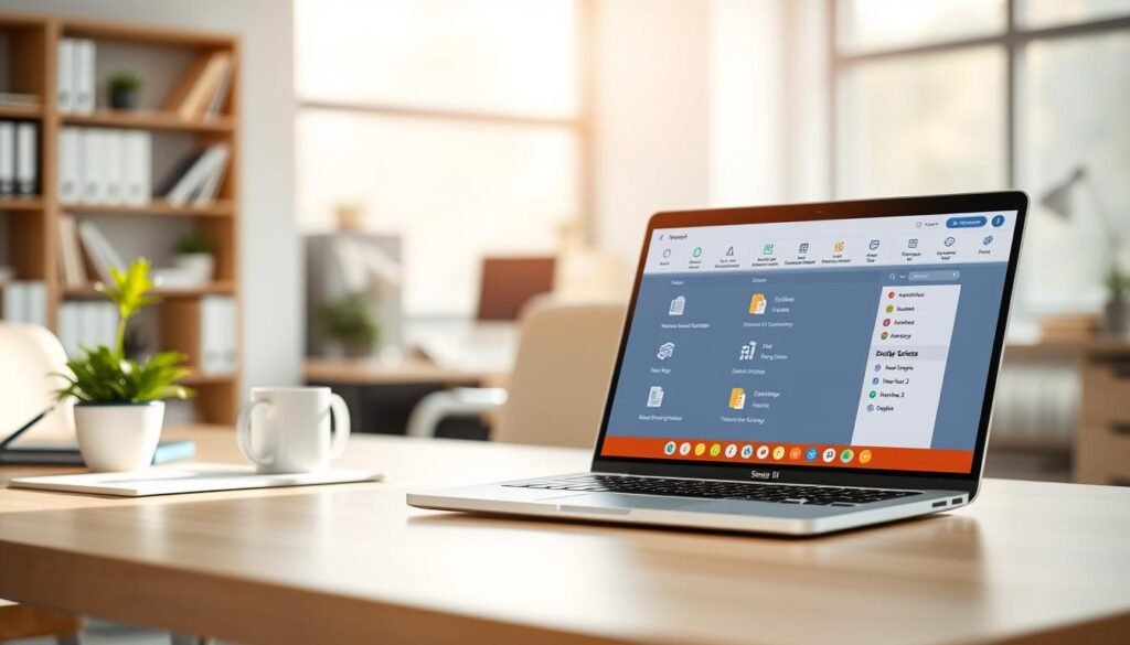A modern digital dashboard representing the "Secop II" electronic filing platform. In the foreground, display a sleek laptop with an open screen showing a user-friendly interface, complete with icons and menus relevant to accessing electronic files. The middle ground features an office setting with a tidy desk, a potted plant, and a coffee mug, conveying a professional atmosphere. In the background, softly blurred bookshelves and a window letting in natural light create an inviting workspace. The lighting is bright but soft, giving a sense of clarity and focus. Capture the essence of a step-by-step process in a clear, orderly layout, emphasizing ease of use and accessibility in a busy office environment.
