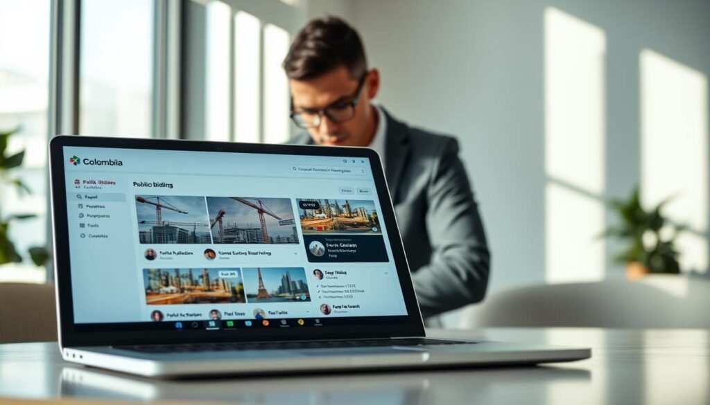 A modern, digital platform interface displaying various public bidding opportunities in Colombia. In the foreground, a sleek laptop with a vivid screen shows a user-friendly dashboard featuring listings of construction projects, with icons for notifications and applications. In the middle, a professional individual in business attire is engaged, analyzing the data on the screen, exuding a mood of focus and determination. The background features a blurred office environment with soft, neutral lighting that enhances the professional atmosphere. Natural light streams in through a window, casting gentle shadows and creating a sense of productivity. The overall composition conveys a dynamic and modern approach to accessing public procurement opportunities.