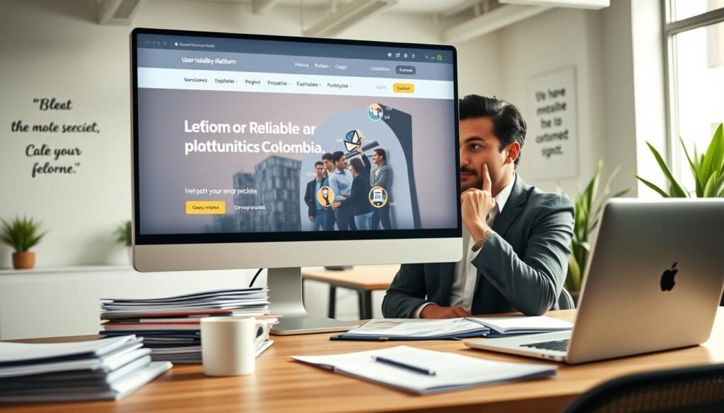A modern, digital workspace featuring a large computer monitor displaying a user-friendly platform for finding reliable bidding opportunities in Colombia. In the foreground, a neatly organized desk with a laptop, stacks of documents, and a cup of coffee. The middle ground shows a professional individual, dressed in smart casual attire, engaged in focused research, with a thoughtful expression. The background features a bright, well-lit office space with inspirational quotes on the walls and a few plants for a touch of greenery. The scene conveys a sense of productivity and innovation, captured with soft, natural lighting to create an inviting atmosphere. The lens should be slightly angled to give depth to the workspace. A modern, digital workspace featuring a large computer monitor displaying a user-friendly platform for finding reliable bidding opportunities in Colombia. In the foreground, a neatly organized desk with a laptop, stacks of documents, and a cup of coffee. The middle ground shows a professional individual, dressed in smart casual attire, engaged in focused research, with a thoughtful expression. The background features a bright, well-lit office space with inspirational quotes on the walls and a few plants for a touch of greenery. The scene conveys a sense of productivity and innovation, captured with soft, natural lighting to create an inviting atmosphere. The lens should be slightly angled to give depth to the workspace.