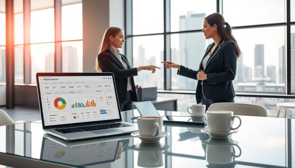 A modern digital workspace showcasing "plataforma SECOP II" with an emphasis on user-friendly interface elements. In the foreground, a sleek laptop displays the SECOP II dashboard, featuring interactive charts and clear data visualization. Nearby, a professional businesswoman in smart attire is engaged in a discussion with a colleague, pointing at the screen, representing collaboration and process management. The middle ground includes a glass table with digital tablets and cups of coffee, creating a productive atmosphere. In the background, large windows allow natural light to flood the room, highlighting a city skyline, conveying modernity and efficiency. The overall mood is one of professionalism and innovation, emphasizing the cutting-edge technology of the platform without any distracting elements.