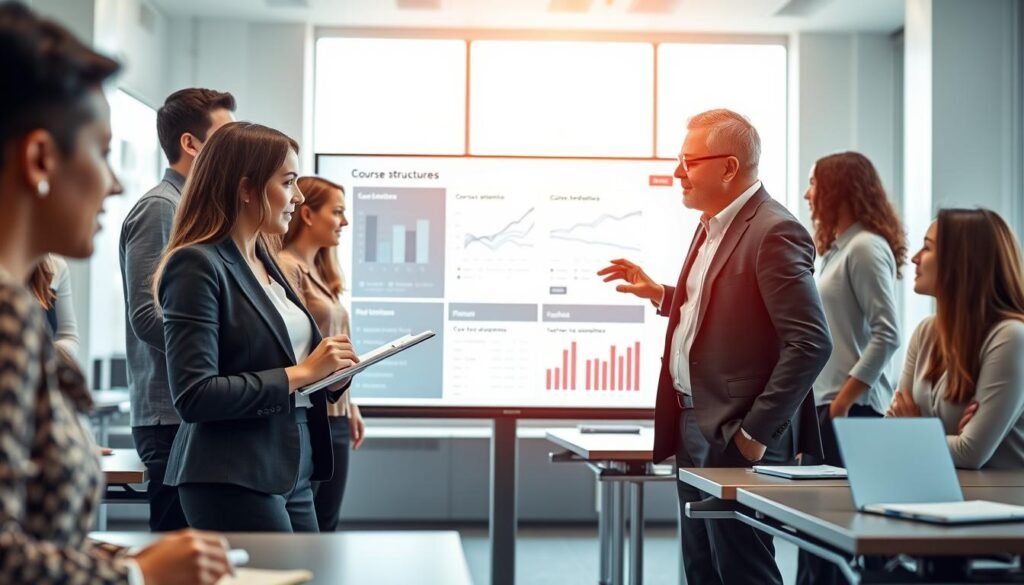 A modern educational setting featuring a diverse group of individuals gathered around a large, interactive digital screen displaying graphs and course structures. In the foreground, a professional woman in business attire takes notes, while a middle-aged man gestures towards the screen, discussing course modalities and durations. The middle ground shows a high-tech classroom with sleek desks and an array of educational materials. The background is softly focused, highlighting a large window with natural light pouring in, creating an inviting and motivational atmosphere. The color palette is warm and encouraging, with soft blues and greens. Capture the essence of collaboration and focused learning, emphasizing the importance of informed decision-making in professional training.