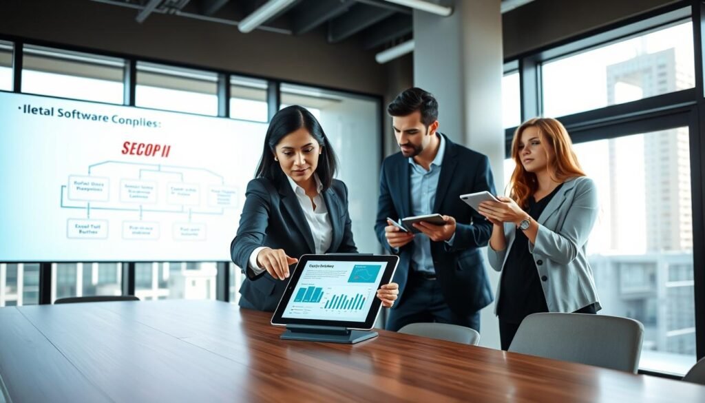 A modern office environment featuring a diverse group of professionals collaborating around a sleek conference table. In the foreground, a middle-aged Hispanic woman in a smart business suit points at a digital tablet displaying graphs and charts related to SECOP II compatibility. Beside her, a young Black man in a tailored shirt takes notes while a Caucasian woman gestures towards a large screen displaying a flowchart of ideal software features. The background showcases large windows with a cityscape view, natural light flooding the room, creating an inspiring atmosphere. The color scheme is a blend of warm tones and cool technology-inspired hues, conveying a sense of innovation and teamwork. The scene is captured with a slightly elevated angle, focusing on the interaction among the professionals. A modern office environment featuring a diverse group of professionals collaborating around a sleek conference table. In the foreground, a middle-aged Hispanic woman in a smart business suit points at a digital tablet displaying graphs and charts related to SECOP II compatibility. Beside her, a young Black man in a tailored shirt takes notes while a Caucasian woman gestures towards a large screen displaying a flowchart of ideal software features. The background showcases large windows with a cityscape view, natural light flooding the room, creating an inspiring atmosphere. The color scheme is a blend of warm tones and cool technology-inspired hues, conveying a sense of innovation and teamwork. The scene is captured with a slightly elevated angle, focusing on the interaction among the professionals.
