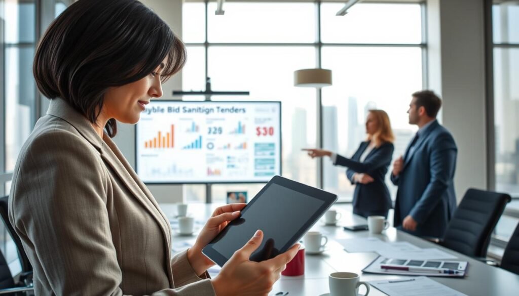 A modern office environment featuring a diverse group of professionals engaged in a collaborative meeting. In the foreground, a focused woman with shoulder-length dark hair dressed in smart business attire reviews a digital tablet displaying cleaning bids. Nearby, a man in a tailored suit points to a projected screen filled with charts and graphs related to sanitation tenders. In the middle ground, a large conference table scattered with documents and coffee cups suggests a busy, productive atmosphere. The background includes floor-to-ceiling windows that offer a city skyline view, bathed in natural daylight, creating a bright and optimistic mood. The overall composition reflects a sense of professionalism and opportunity in the cleaning bid process.