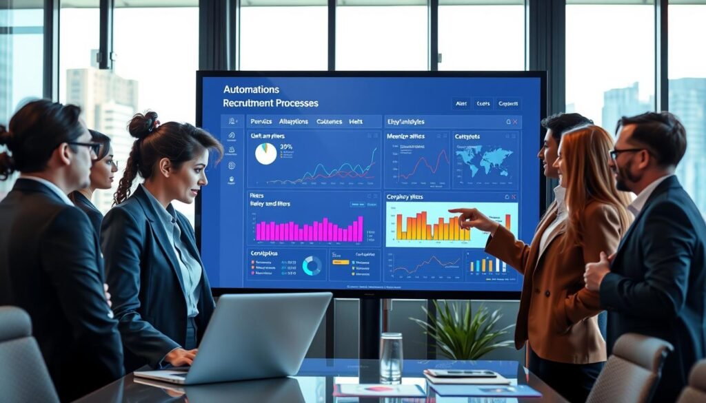 A modern office environment featuring a diverse group of professionals in business attire, engaged in discussions around a large digital screen displaying automations for monitoring recruitment processes. In the foreground, a focused woman is analyzing data on a laptop, while a man points at the screen, highlighting alerts and filters. The middle layer shows charts and graphs illustrating recruitment analytics, with vibrant colors indicating positive and negative trends. In the background, large windows reveal a cityscape, flooding the room with natural light. The atmosphere is energetic and collaborative, with a subtle, high-tech vibe. The overall aesthetic is clean and organized, emphasizing efficiency in automation and monitoring processes. A modern office environment featuring a diverse group of professionals in business attire, engaged in discussions around a large digital screen displaying automations for monitoring recruitment processes. In the foreground, a focused woman is analyzing data on a laptop, while a man points at the screen, highlighting alerts and filters. The middle layer shows charts and graphs illustrating recruitment analytics, with vibrant colors indicating positive and negative trends. In the background, large windows reveal a cityscape, flooding the room with natural light. The atmosphere is energetic and collaborative, with a subtle, high-tech vibe. The overall aesthetic is clean and organized, emphasizing efficiency in automation and monitoring processes.