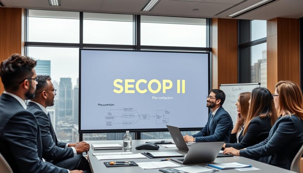 A modern office environment featuring a large, interactive screen displaying the SECOP II logo prominently. In the foreground, a diverse group of professional individuals, wearing smart business attire, are engaged in a discussion around a conference table filled with paperwork and laptops. The lighting is bright and focused, highlighting the screen, creating a professional atmosphere. In the middle ground, a whiteboard is filled with notes and diagrams related to procurement processes, emphasizing the pre-contractual stage. The background showcases large windows with a city skyline, implying a bustling business center. The overall mood is collaborative and informative, emphasizing learning and advancement in public procurement knowledge. A modern office environment featuring a large, interactive screen displaying the SECOP II logo prominently. In the foreground, a diverse group of professional individuals, wearing smart business attire, are engaged in a discussion around a conference table filled with paperwork and laptops. The lighting is bright and focused, highlighting the screen, creating a professional atmosphere. In the middle ground, a whiteboard is filled with notes and diagrams related to procurement processes, emphasizing the pre-contractual stage. The background showcases large windows with a city skyline, implying a bustling business center. The overall mood is collaborative and informative, emphasizing learning and advancement in public procurement knowledge.