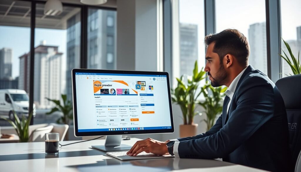 A modern office environment featuring a professional individual engaged in the process of registering as a supplier on a digital platform. In the foreground, a well-dressed person, focused and determined, sits at a sleek desk with a computer displaying the "registro proveedor" interface. The middle area showcases a vibrant laptop screen filled with colorful graphics and interactive forms. In the background, large windows let in natural light, creating a bright and inviting atmosphere. Soft shadows enhance depth, while a few plants add a touch of greenery. The mood is one of efficiency and professionalism, conveying a sense of productivity and opportunity in a bustling cityscape. The angle is slightly tilted to highlight the action on the screen and the individual’s concentration.
