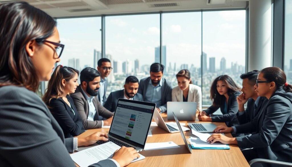 A modern office environment filled with diverse professionals engaged in a dynamic discussion about public bidding opportunities in Colombia. In the foreground, a focused woman in business attire looks at her laptop screen, displaying a webpage dedicated to public tenders. In the middle ground, a team of colleagues, including men and women from various ethnic backgrounds, gather around a large table with documents and laptops, portraying collaboration and resourcefulness. The background features a city skyline through large glass windows, signifying an urban setting. Bright, natural lighting illuminates the scene, creating a productive and optimistic atmosphere, captured with a slightly elevated angle to enhance the sense of engagement and urgency in the search for bids. A modern office environment filled with diverse professionals engaged in a dynamic discussion about public bidding opportunities in Colombia. In the foreground, a focused woman in business attire looks at her laptop screen, displaying a webpage dedicated to public tenders. In the middle ground, a team of colleagues, including men and women from various ethnic backgrounds, gather around a large table with documents and laptops, portraying collaboration and resourcefulness. The background features a city skyline through large glass windows, signifying an urban setting. Bright, natural lighting illuminates the scene, creating a productive and optimistic atmosphere, captured with a slightly elevated angle to enhance the sense of engagement and urgency in the search for bids.