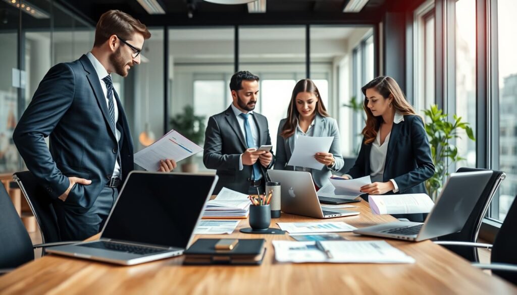 A modern office environment illustrating the concept of financial credibility and business solvency. In the foreground, a diverse group of three professional individuals, two men and one woman, are engaged in a discussion over documents and a laptop, all dressed in business attire. The middle ground features a stylish conference table adorned with financial reports, laptops, and educational brochures about entrepreneurship. The background shows a large window with natural light filtering in, providing a bright and welcoming atmosphere. The overall mood conveys professionalism and optimism, emphasizing collaboration and support for new businesses. Use a shallow depth of field to focus on the individuals while showcasing a soft blur of office elements behind them. The lighting should be bright and balanced to reflect a productive work environment.