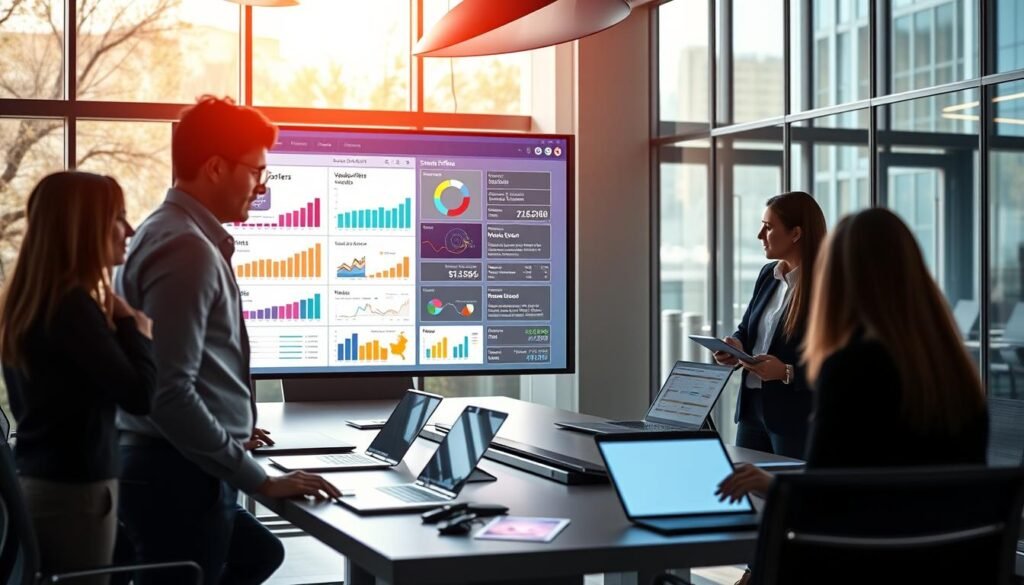 A modern office environment showcases a vibrant, interactive simulation display titled "Simulador de ofertas." In the foreground, focused professionals in business attire engage with a sleek touchscreen interface, analyzing various vendor offers depicted as colorful graphs and charts. The middle ground features a contemporary conference table surrounded by digital devices, such as laptops and tablets, highlighting productivity. In the background, large windows allow natural light to flood the space, casting a warm glow on the sophisticated decor. The atmosphere is dynamic and collaborative, reflecting innovation and strategic thinking. Soft shadows and reflections enhance the overall depth, with a slight focus on the interaction between people and technology, encapsulating best practices in comparing offers effectively. A modern office environment showcases a vibrant, interactive simulation display titled "Simulador de ofertas." In the foreground, focused professionals in business attire engage with a sleek touchscreen interface, analyzing various vendor offers depicted as colorful graphs and charts. The middle ground features a contemporary conference table surrounded by digital devices, such as laptops and tablets, highlighting productivity. In the background, large windows allow natural light to flood the space, casting a warm glow on the sophisticated decor. The atmosphere is dynamic and collaborative, reflecting innovation and strategic thinking. Soft shadows and reflections enhance the overall depth, with a slight focus on the interaction between people and technology, encapsulating best practices in comparing offers effectively.