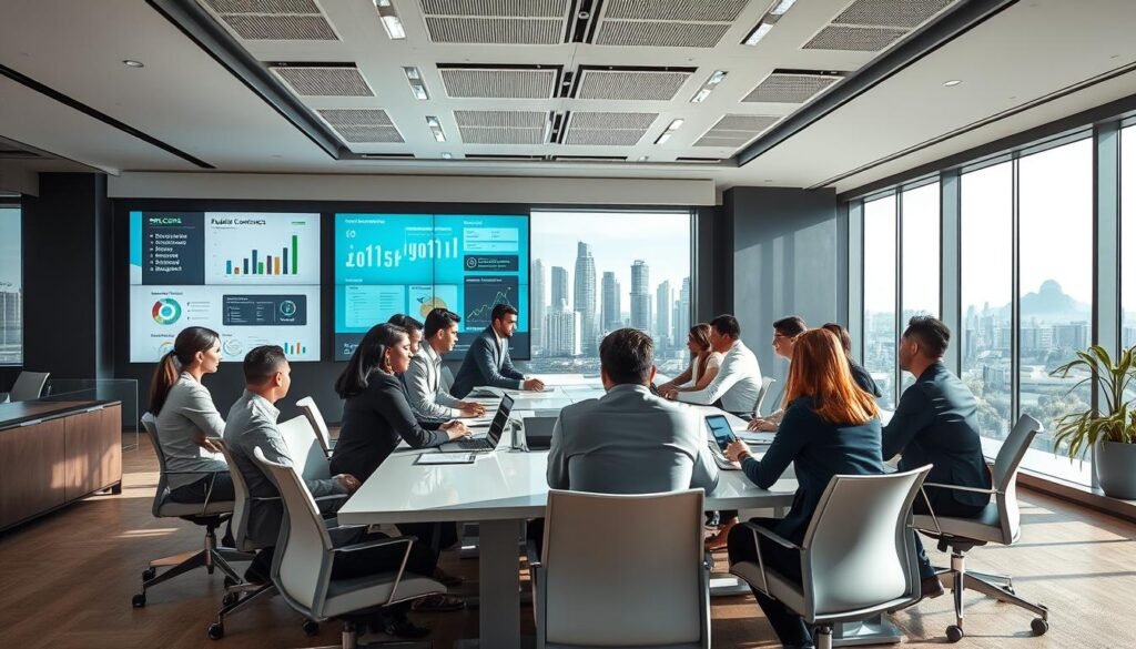 A modern office environment showcasing SECOP y procurement in Colombia. In the foreground, a diverse group of professionals in business attire are engaged in a collaborative meeting around a large conference table, discussing procurement processes. They are surrounded by digital displays showing data and charts related to public contracting. The middle ground features sleek, contemporary office furniture and large windows letting in natural light, enhancing the focus on teamwork. The background includes a view of a city skyline representing Bogotá, symbolizing growth and development. The lighting is bright and professional, emphasizing clarity and communication, capturing a productive and optimistic atmosphere about construction project bidding in Colombia. A modern office environment showcasing SECOP y procurement in Colombia. In the foreground, a diverse group of professionals in business attire are engaged in a collaborative meeting around a large conference table, discussing procurement processes. They are surrounded by digital displays showing data and charts related to public contracting. The middle ground features sleek, contemporary office furniture and large windows letting in natural light, enhancing the focus on teamwork. The background includes a view of a city skyline representing Bogotá, symbolizing growth and development. The lighting is bright and professional, emphasizing clarity and communication, capturing a productive and optimistic atmosphere about construction project bidding in Colombia.