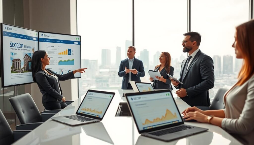 A modern office environment showcasing a diverse group of professionals actively engaging with digital platforms on large screens. In the foreground, a South American woman in a business suit is pointing at a SECOP website, while a Colombian man next to her takes notes. The middle ground features a sleek, high-tech conference table with laptops and tablets displaying graphs and data related to public bidding. The background is bright and airy, with large windows overlooking a city skyline. Soft, natural lighting filters through, creating a productive atmosphere. The focus is on collaboration and preparation for opportunities in public procurement, reflecting a sense of professionalism and determination. A modern office environment showcasing a diverse group of professionals actively engaging with digital platforms on large screens. In the foreground, a South American woman in a business suit is pointing at a SECOP website, while a Colombian man next to her takes notes. The middle ground features a sleek, high-tech conference table with laptops and tablets displaying graphs and data related to public bidding. The background is bright and airy, with large windows overlooking a city skyline. Soft, natural lighting filters through, creating a productive atmosphere. The focus is on collaboration and preparation for opportunities in public procurement, reflecting a sense of professionalism and determination.