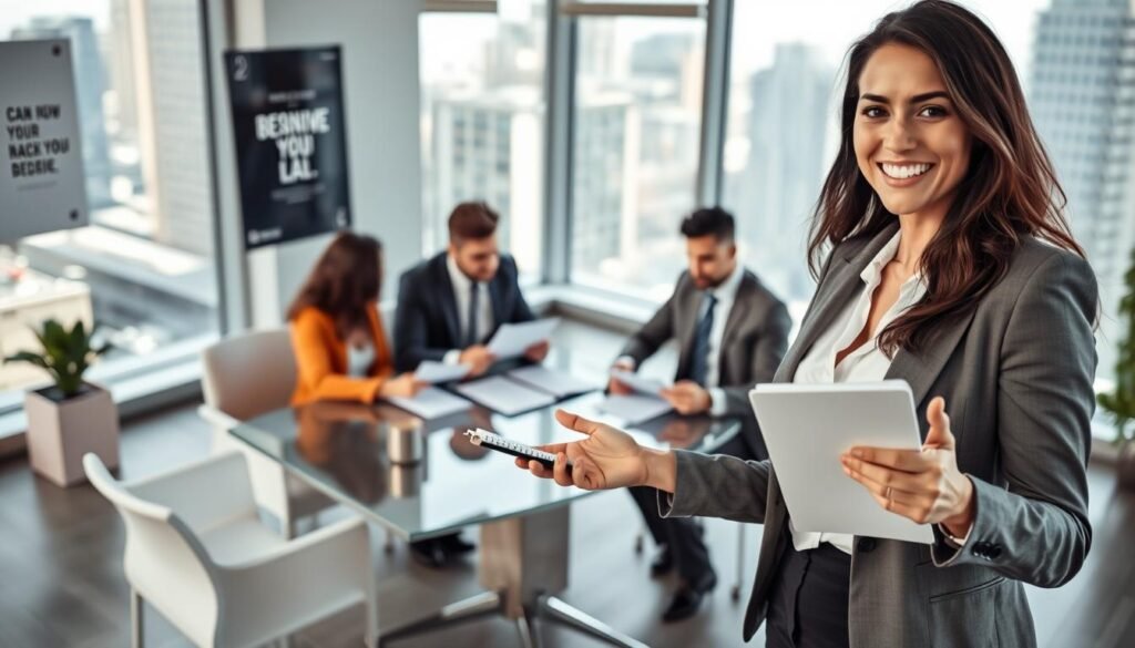A modern office environment showcasing a diverse group of professionals engaged in a collaborative meeting. In the foreground, a confident female business consultant in professional attire, smiling and gesturing as she presents documents. In the middle ground, three individuals—two men and a woman—are seated around a sleek conference table, reviewing legal documents and discussing strategies. The background features large windows with city views, natural light streaming in, and motivational posters on the walls. A focus on teamwork and professionalism should be evident, evoking an atmosphere of determination and clarity. The composition should be framed from a slight angle to capture the dynamic interaction among the team, with a soft depth of field to emphasize the foreground subject.