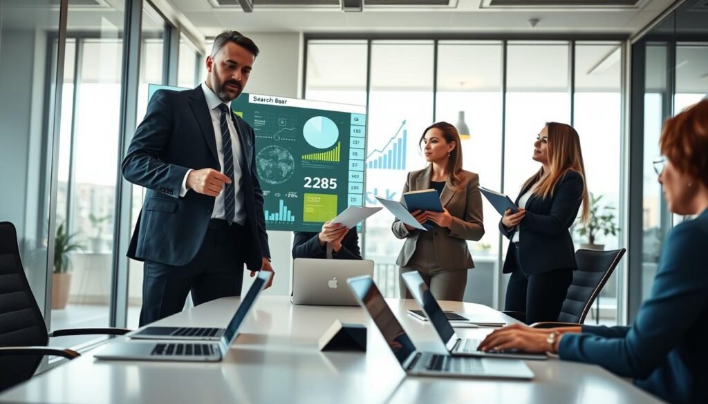 A modern office environment showcasing a diverse group of professionals engaged in a focused discussion around a large digital screen displaying complex data and graphs symbolizing an effective search process. In the foreground, a confident man in a tailored suit points at the screen, while a woman in stylish business casual examines documents with a thoughtful expression. The middle ground features a sleek conference table with laptops and tablets open, reflecting a tech-savvy atmosphere. The background captures a bright, open space with large windows allowing natural light to flood in, creating an optimistic and innovative mood. The angle should be slightly elevated, emphasizing collaboration and the importance of effective searches within organizations. A modern office environment showcasing a diverse group of professionals engaged in a focused discussion around a large digital screen displaying complex data and graphs symbolizing an effective search process. In the foreground, a confident man in a tailored suit points at the screen, while a woman in stylish business casual examines documents with a thoughtful expression. The middle ground features a sleek conference table with laptops and tablets open, reflecting a tech-savvy atmosphere. The background captures a bright, open space with large windows allowing natural light to flood in, creating an optimistic and innovative mood. The angle should be slightly elevated, emphasizing collaboration and the importance of effective searches within organizations.