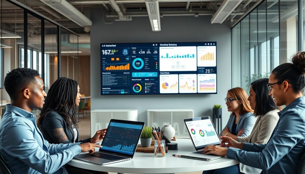A modern office environment showcasing a diverse team of professionals analyzing data and collaborating on a digital project related to SECOP II processes. In the foreground, a group of three individuals, dressed in smart business attire, are seated at a round table with laptops open, displaying dynamic charts and graphs. The middle ground features a large screen on the wall displaying a digital dashboard filled with various metrics and alerts, highlighting the importance of monitoring workflows. The background is filled with glass partitions and modern office decor, creating a bright, inviting atmosphere with natural light streaming through large windows. The mood is energetic and focused, emphasizing teamwork and efficiency in handling complex information.