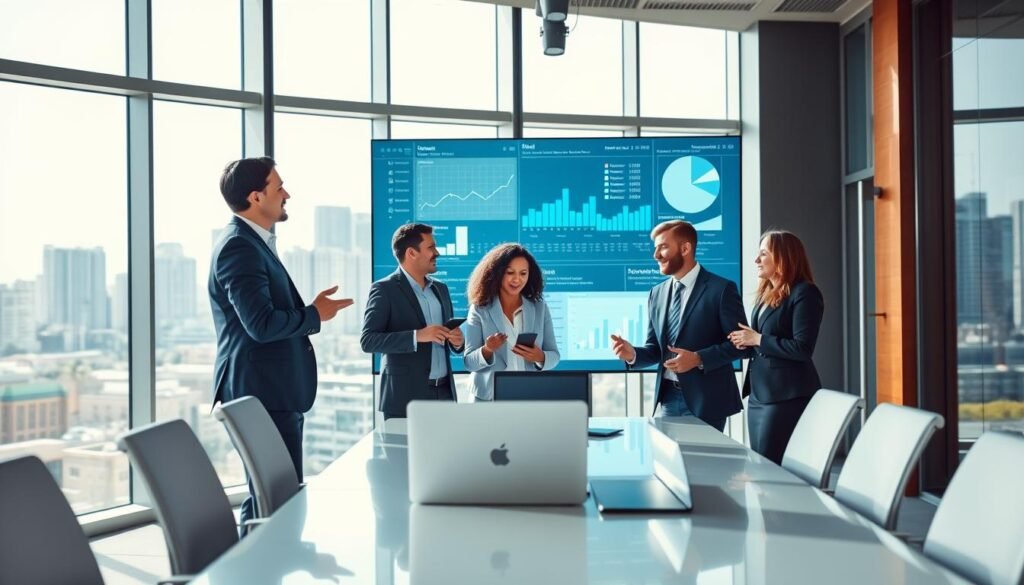 A modern office environment showcasing a high-tech system in action. In the foreground, a diverse group of three professionals in business attire is engaged in animated discussion, surrounded by digital displays showing data analytics and project management dashboards. The middle layer reveals a sleek conference table with laptops and smart devices, symbolizing collaboration and innovation. In the background, large windows allow natural light to flood the room, highlighting a vibrant city skyline. The atmosphere is dynamic and energetic, reflecting opportunities for growth in technology management. The lighting is bright and professional, captured from a slightly elevated angle to enhance the depth of the scene.