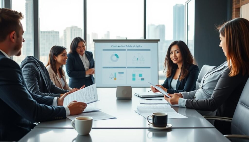 A modern office environment showcasing a professional meeting discussing "contratación pública" in Colombia. In the foreground, a diverse group of three businesspeople in professional attire—one man and two women, engaged in a discussion over legal documents and a laptop. In the middle, a sleek conference table with paperwork, a projector displaying charts about public contracting, and a coffee cup. In the background, a large window with natural light streaming in, revealing a cityscape of Bogotá, Colombia. The atmosphere is focused and collaborative, emphasizing the seriousness of legal frameworks in public contracting. The lighting is bright and uplifting, highlighting faces and materials with a soft focus on the background to bring attention to the meeting. A modern office environment showcasing a professional meeting discussing "contratación pública" in Colombia. In the foreground, a diverse group of three businesspeople in professional attire—one man and two women, engaged in a discussion over legal documents and a laptop. In the middle, a sleek conference table with paperwork, a projector displaying charts about public contracting, and a coffee cup. In the background, a large window with natural light streaming in, revealing a cityscape of Bogotá, Colombia. The atmosphere is focused and collaborative, emphasizing the seriousness of legal frameworks in public contracting. The lighting is bright and uplifting, highlighting faces and materials with a soft focus on the background to bring attention to the meeting.