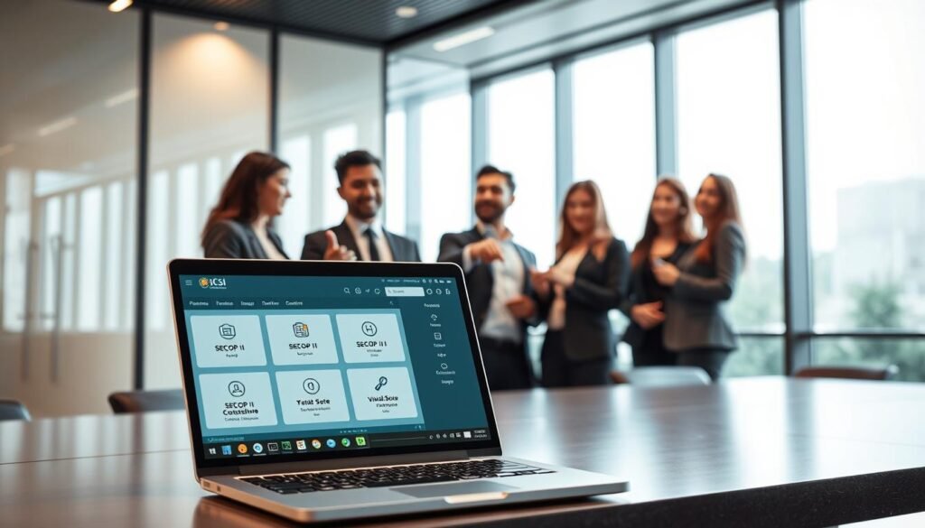 A modern office environment showcasing an electronic contract system. In the foreground, a laptop displays the interface of SECOP I and SECOP II alongside the Virtual Store, with clear icons and navigation menus. In the middle, a diverse group of professionals in business attire are engaged in discussion, pointing at the laptop screen and taking notes. The background shows a sleek conference room with large windows, allowing soft, natural light to illuminate the space, creating a collaborative atmosphere. The overall mood is focused and productive, capturing the essence of digital procurement in Colombia. The image has a slight depth of field, emphasizing the laptop and the engaged professionals.