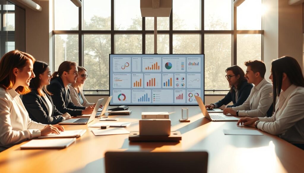 A modern office environment showcasing "gestión documental contratación pública." In the foreground, a diverse group of professionals in business attire are collaborating around a large table, with laptops and documents spread out. In the middle ground, a digital screen displays graphical representations of public procurement platforms, with charts and data visualizations. The background features windows streaming in natural light, creating a warm and inviting atmosphere. Soft shadows and warm tones enhance the professional environment, conveying a sense of teamwork and innovation. Capture this scene from a slightly elevated angle for a comprehensive perspective on the collaborative effort in public procurement management.
