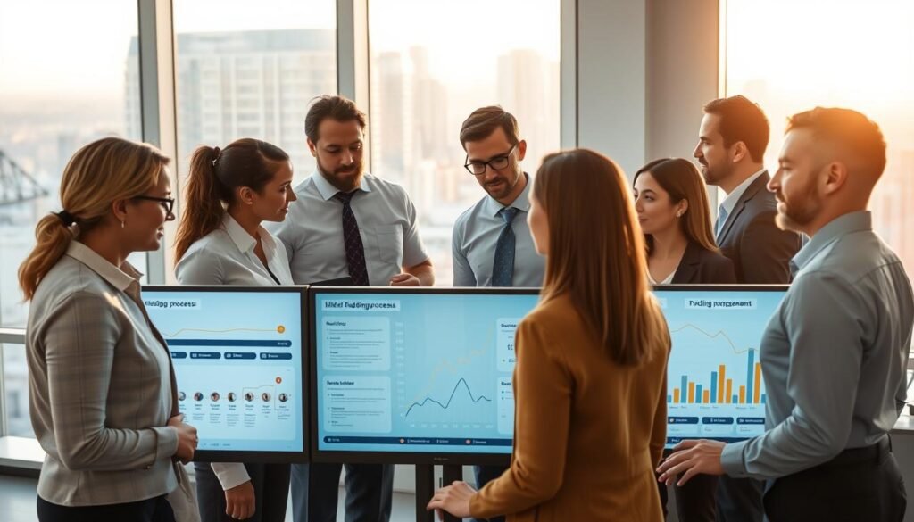 A modern office environment showcasing key functions of process management. In the foreground, a diverse group of professionals, dressed in smart business attire, are engaged in a dynamic discussion around a digital display showing flowcharts, timelines, and metrics related to bidding processes. In the middle ground, monitors with graphs and data visualizations illustrate the efficiency of process tracking. The background features large windows revealing a city skyline bathed in soft, warm daylight, creating an optimistic and productive atmosphere. The scene is captured from an angle that emphasizes collaboration and innovation, with a balanced composition and clear focus on the individuals and their interactions, highlighting teamwork in achieving successful outcomes.