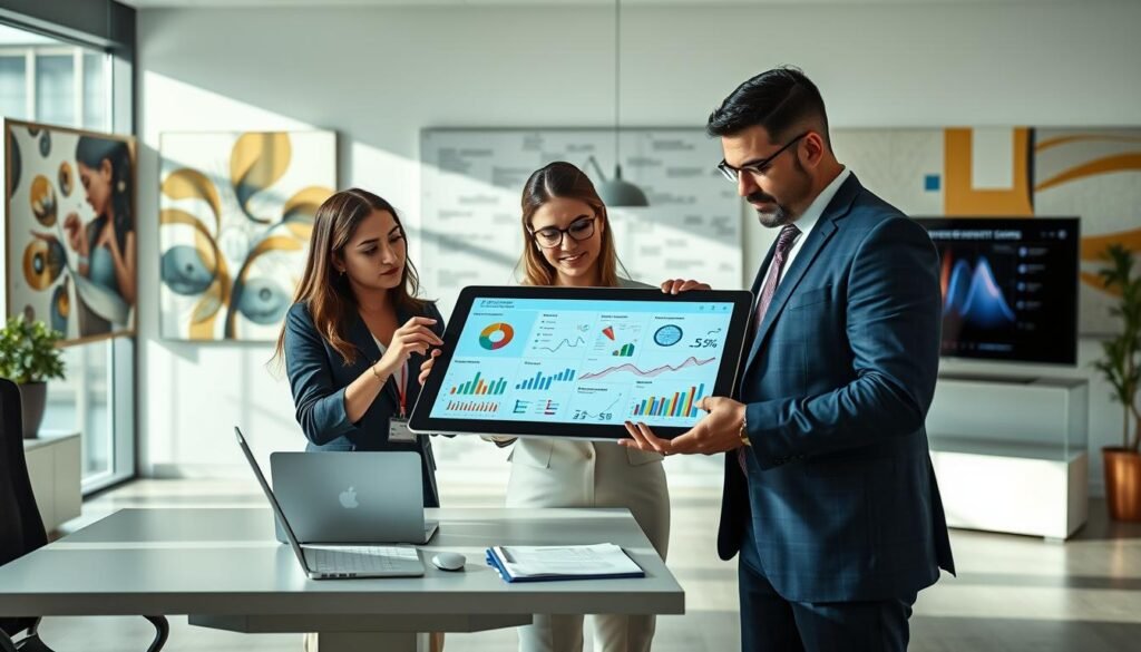 A modern office environment showcasing professionals engaged in data management and analysis, emphasizing a digital theme. In the foreground, a diverse group of three individuals in professional business attire—two women and one man—are collaborating over a large digital tablet displaying colorful data visualizations and graphs related to public employment statistics. The middle ground features a sleek desk with a laptop and documents, as well as a wall-mounted screen showing a flowchart of information systems. The background is decorated with abstract artwork reflecting technology and information, bathed in bright, natural light pouring in from large windows. The atmosphere is dynamic and focused, promoting a sense of innovation and collaboration in the context of public employment management in Colombia. A modern office environment showcasing professionals engaged in data management and analysis, emphasizing a digital theme. In the foreground, a diverse group of three individuals in professional business attire—two women and one man—are collaborating over a large digital tablet displaying colorful data visualizations and graphs related to public employment statistics. The middle ground features a sleek desk with a laptop and documents, as well as a wall-mounted screen showing a flowchart of information systems. The background is decorated with abstract artwork reflecting technology and information, bathed in bright, natural light pouring in from large windows. The atmosphere is dynamic and focused, promoting a sense of innovation and collaboration in the context of public employment management in Colombia.
