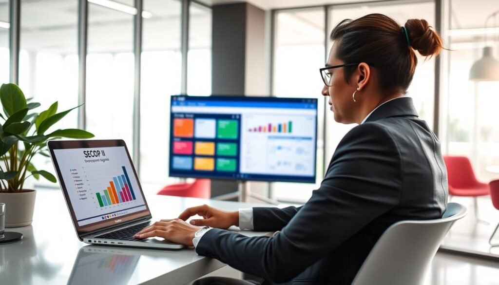 A modern office environment showcasing the SECOP II platform. In the foreground, a professional person in business attire sits at a sleek desk, working on a laptop that displays the SECOP II website. Their focused expression highlights engagement with the document registration process. In the middle ground, a large screen showcases the SECOP II interface, featuring colorful charts and forms. A plant adds a touch of greenery, enhancing the workspace atmosphere. The background reveals a bright and airy office with large windows letting in natural light, creating a sense of openness and professionalism. The overall mood is focused and productive, emphasizing the importance of proper documentation for suppliers in Colombia. The image is well-lit, with soft shadows to create depth.