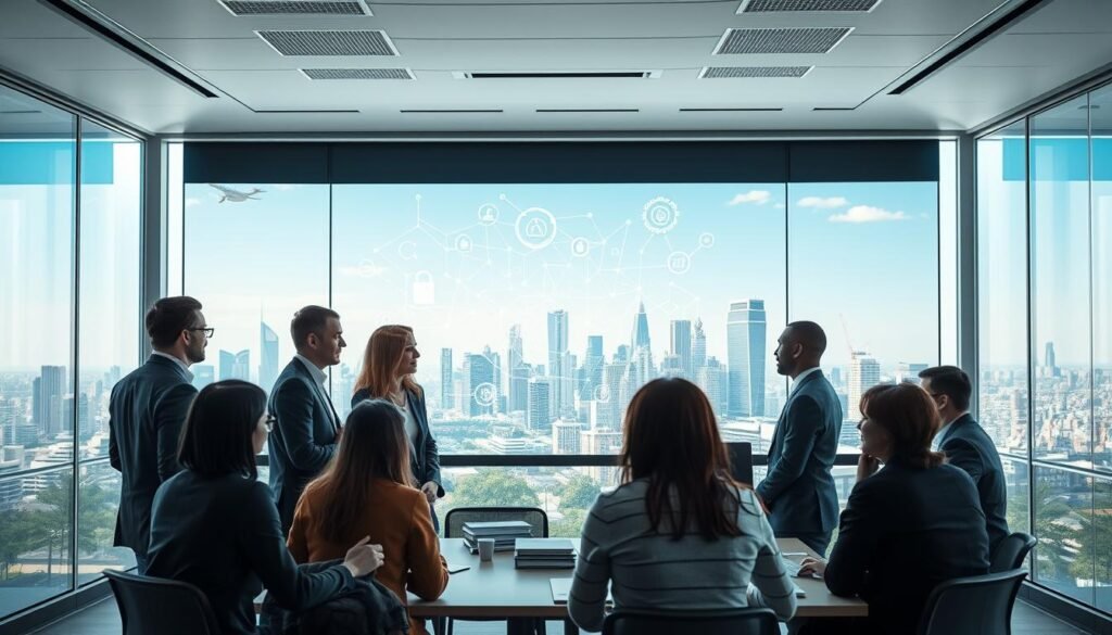 A modern office environment showcasing the theme of data protection modernization. In the foreground, a diverse group of professionals in business attire are engaged in a brainstorming session, discussing digital rights. The middle ground features a large digital screen displaying abstract representations of data encryption and cybersecurity, symbolizing the evolving legal landscape. In the background, futuristic city skyline hints at the advancements in technology, with a clear blue sky bathed in natural light. The mood conveys a sense of urgency and collaboration, reflecting the important debates surrounding the modernization of Law 1581 in 2025. The lighting is bright and inviting, emphasizing the innovation and progress in digital rights protection, captured from a slightly elevated angle for a comprehensive view. A modern office environment showcasing the theme of data protection modernization. In the foreground, a diverse group of professionals in business attire are engaged in a brainstorming session, discussing digital rights. The middle ground features a large digital screen displaying abstract representations of data encryption and cybersecurity, symbolizing the evolving legal landscape. In the background, futuristic city skyline hints at the advancements in technology, with a clear blue sky bathed in natural light. The mood conveys a sense of urgency and collaboration, reflecting the important debates surrounding the modernization of Law 1581 in 2025. The lighting is bright and inviting, emphasizing the innovation and progress in digital rights protection, captured from a slightly elevated angle for a comprehensive view.