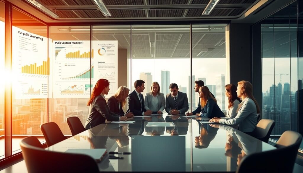 A modern office environment showcasing transparency in public contracting. In the foreground, a diverse group of professionals in business attire is gathered around a sleek conference table, deeply engaged in discussion. In the middle, a large glass wall displaying charts and data related to public contracting practices creates a sense of openness and clarity. The background features a large window revealing a city skyline, drenched in warm, natural sunlight, emphasizing optimism and progress. The camera angle captures the collaboration from a slightly elevated perspective, highlighting the dynamic interaction among the team. The overall mood is professional and forward-thinking, illustrating the transformative impact of the Ley 1474 de 2011 on public contracting and oversight. A modern office environment showcasing transparency in public contracting. In the foreground, a diverse group of professionals in business attire is gathered around a sleek conference table, deeply engaged in discussion. In the middle, a large glass wall displaying charts and data related to public contracting practices creates a sense of openness and clarity. The background features a large window revealing a city skyline, drenched in warm, natural sunlight, emphasizing optimism and progress. The camera angle captures the collaboration from a slightly elevated perspective, highlighting the dynamic interaction among the team. The overall mood is professional and forward-thinking, illustrating the transformative impact of the Ley 1474 de 2011 on public contracting and oversight.