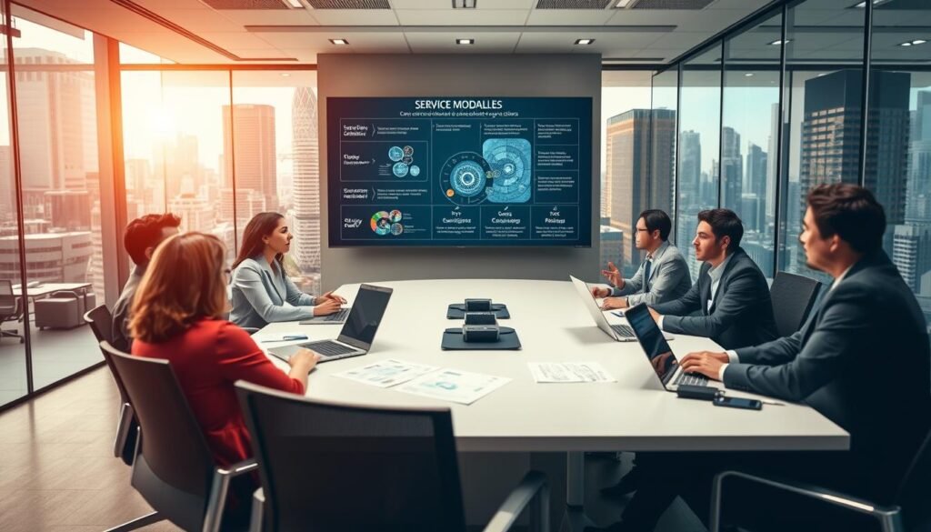 A modern office environment showcasing various service modalities in a security context. In the foreground, a diverse group of professionals in business attire are engaged in a discussion around a sleek conference table, with laptops and security plans laid out. The middle ground depicts a large digital screen displaying infographics on key execution scenarios and service options. The background features glass walls revealing a bustling cityscape, symbolizing security in an urban setting, bathed in warm, natural lighting from large windows. The mood is dynamic and collaborative, with an emphasis on professionalism and innovation. The scene captures the essence of tailored security service proposals.