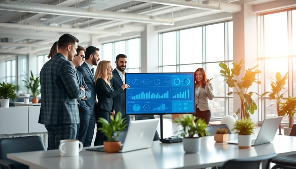 A modern office environment symbolizing operational efficiency and reduced transaction costs. In the foreground, a diverse group of professionals in business attire collaborates around a large digital screen displaying graphs and data analysis, showcasing streamlined processes. In the middle, sleek office furniture, plants, and laptops illustrate a vibrant workspace conducive to teamwork. The background features large windows with natural light flooding the room, emphasizing an open and airy atmosphere. The scene conveys a sense of positivity and productivity, highlighting the benefits of effective management systems. The lighting is bright and inviting, creating a focused yet relaxed mood. Use a wide-angle perspective to capture the dynamic interaction among team members, ensuring a professional and engaging composition. A modern office environment symbolizing operational efficiency and reduced transaction costs. In the foreground, a diverse group of professionals in business attire collaborates around a large digital screen displaying graphs and data analysis, showcasing streamlined processes. In the middle, sleek office furniture, plants, and laptops illustrate a vibrant workspace conducive to teamwork. The background features large windows with natural light flooding the room, emphasizing an open and airy atmosphere. The scene conveys a sense of positivity and productivity, highlighting the benefits of effective management systems. The lighting is bright and inviting, creating a focused yet relaxed mood. Use a wide-angle perspective to capture the dynamic interaction among team members, ensuring a professional and engaging composition.