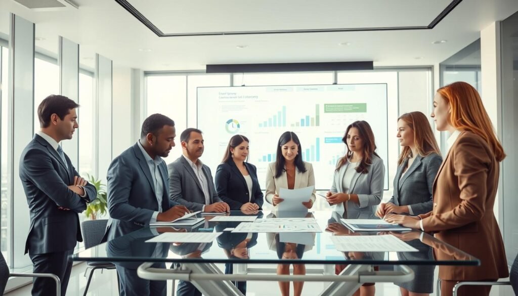 A modern office environment symbolizing transparency in public governance. In the foreground, a diverse group of professionals in business attire—two men and two women—engaged in a collaborative discussion around a glass table, looking at transparent documents and data displays. In the middle ground, a large digital screen showcasing graphical data representations, like charts and graphs, reflecting public engagement and accountability. The background features a sleek, open office space with large windows that allow natural light to flood in, enhancing the sense of clarity and openness. The overall mood is optimistic and professional, emphasizing innovation in public management, with a focus on ethical practices and transparency. The lighting is bright and airy, creating a welcoming atmosphere. A modern office environment symbolizing transparency in public governance. In the foreground, a diverse group of professionals in business attire—two men and two women—engaged in a collaborative discussion around a glass table, looking at transparent documents and data displays. In the middle ground, a large digital screen showcasing graphical data representations, like charts and graphs, reflecting public engagement and accountability. The background features a sleek, open office space with large windows that allow natural light to flood in, enhancing the sense of clarity and openness. The overall mood is optimistic and professional, emphasizing innovation in public management, with a focus on ethical practices and transparency. The lighting is bright and airy, creating a welcoming atmosphere.