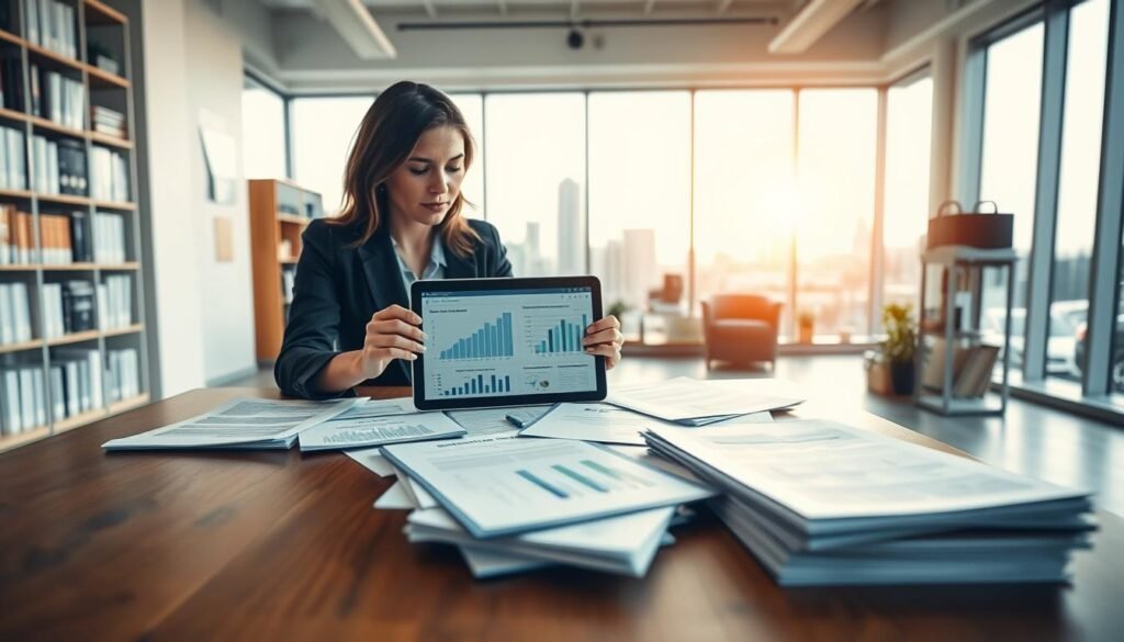 A modern office environment with a spacious layout, showcasing a sleek wooden desk in the foreground, littered with international documents and forms related to contracts and bids. A professional woman in business attire is sitting at the desk, intently reviewing a digital tablet that displays data and graphs about procurement opportunities in Colombia. In the middle ground, a large window overlooks a city skyline, with natural sunlight illuminating the room and creating a warm atmosphere. In the background, shelves filled with books on business strategy and procurement are neatly organized. The overall mood is focused and industrious, reflecting a hub of information for tender services, emphasizing professionalism and diligence.