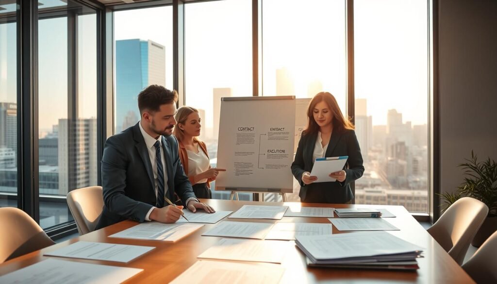 A modern office interior focused on contract management. In the foreground, a diverse group of three professionals, including a man and two women, dressed in formal business attire, are engaged in a discussion over a large table covered with documents and contracts. One individual is signing a contract, while another points to key details in a digital tablet. The middle ground features a whiteboard with flowcharts illustrating contract stages: signing, execution, and liquidation. In the background, large windows showcase a city skyline warmly lit by afternoon sunlight, casting a professional atmosphere. The overall mood is productive and collaborative, captured from a slightly elevated angle to emphasize the engagement and planning involved in contract management.