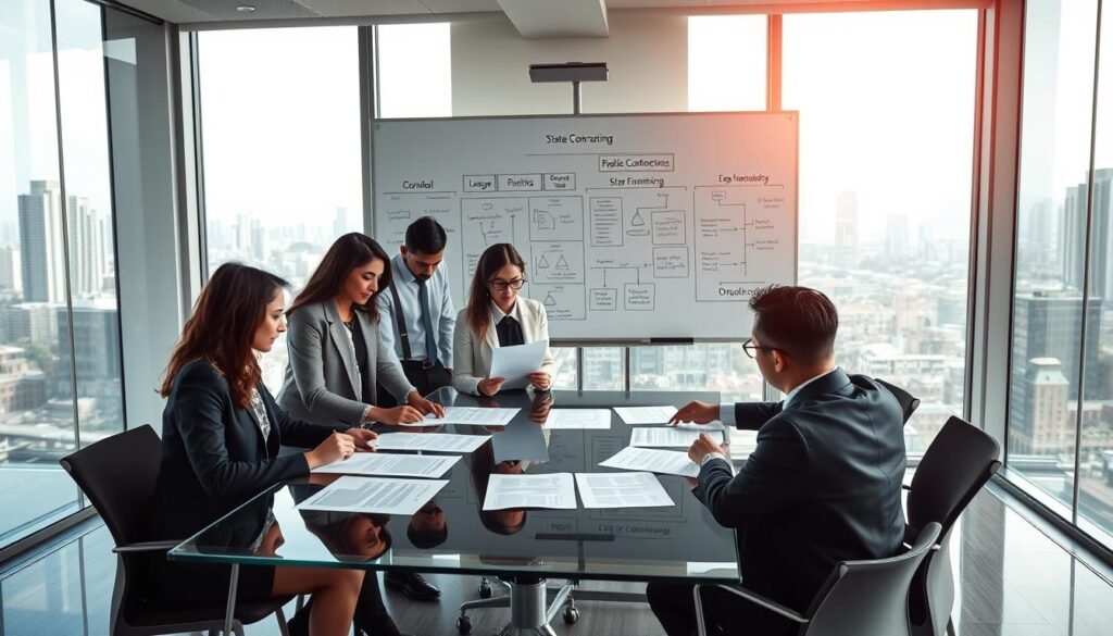 A modern office meeting room dedicated to public procurement in Colombia. In the foreground, a diverse group of professionals in business attire collaboratively reviews legal documents on a glass conference table, emphasizing teamwork and focus. The middle ground features a large whiteboard with legal frameworks and diagrams related to state contracting, showcasing clarity and organization. The background is adorned with a city skyline visible through large windows, symbolizing the connection to the broader economic environment. Soft natural light spills through the windows, creating an inviting atmosphere, and highlighting the professionalism of the scene. The mood is collaborative and serious, emphasizing diligent preparation and meticulous attention to detail in public contracting processes.
